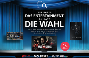 Netflix, Sky Entertainment o. o2 TV L 12 Monate kostenfrei (o2 Select & Stream; bei Nichtkündigung 9,99 € mtl. ab 13. Monat)